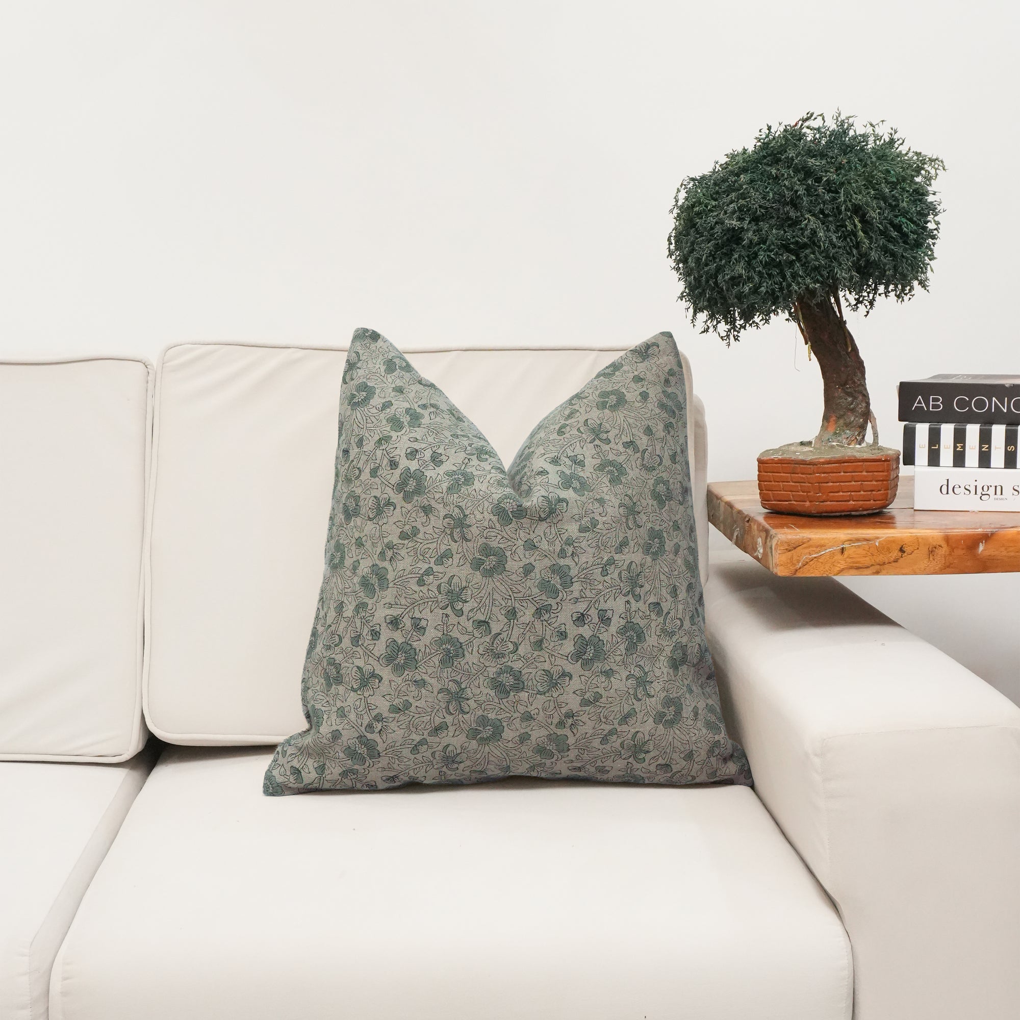 Handmade Saundrya Printed Gray Floral Linen Cushion Cover