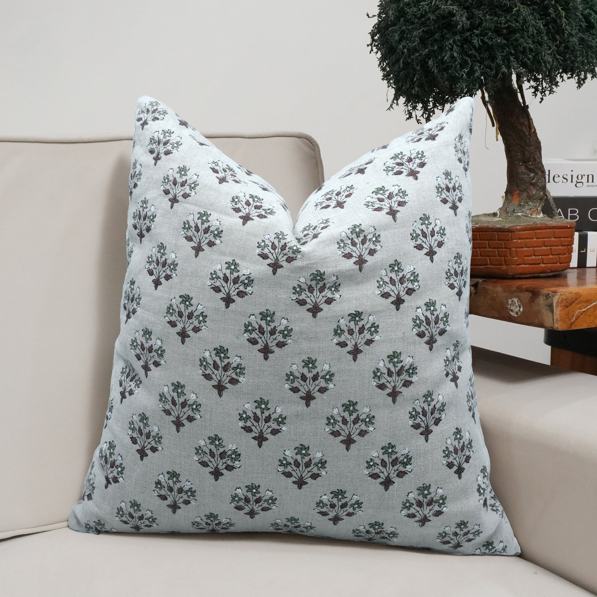 Hand Block Print Linen Cushion Cover Green &amp; Brown Diwali Flower