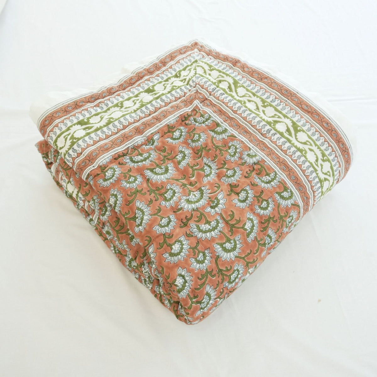Block Print Floral Border Decorative Cotton Quilt - Rajanigandha