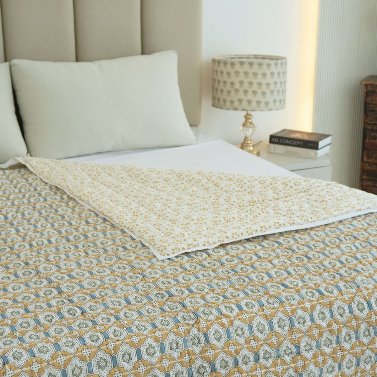 Jaipur Artisan Made Mustard Jarokha Cotton Reversible Quilt