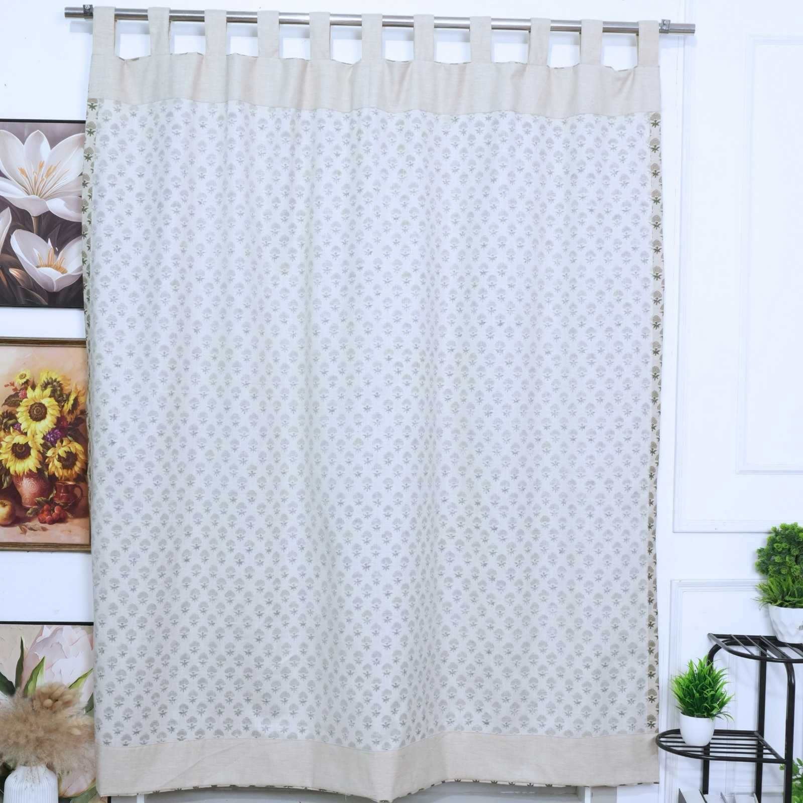 Beige Buti Hand Block Print Linen Tab Top Curtains — Strawberry