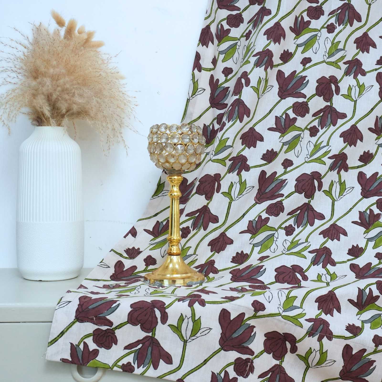 Shivri Dark Brown Floral Block Print Viscose Linen Tab Top Curtains