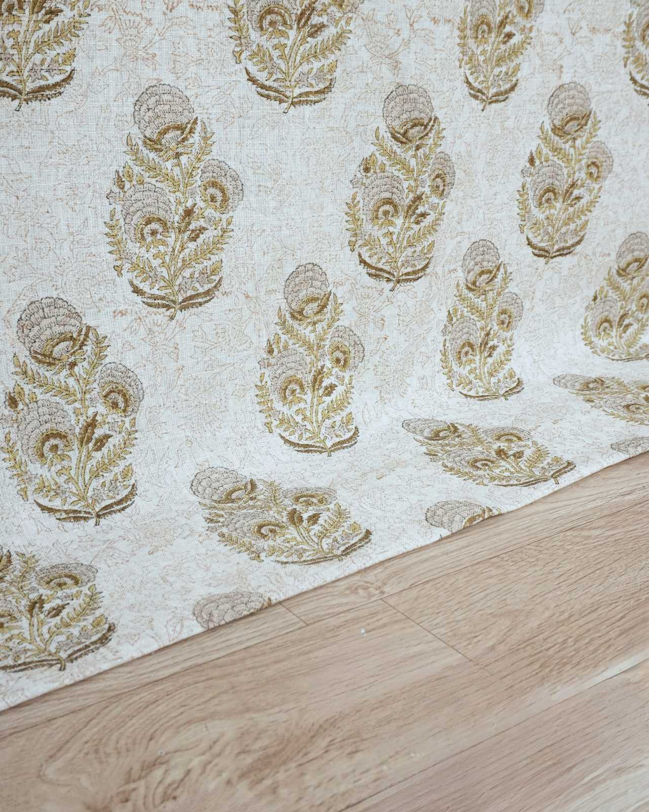 Wooden Block Gray Floral Linen Bedroom Drapery - Mohini