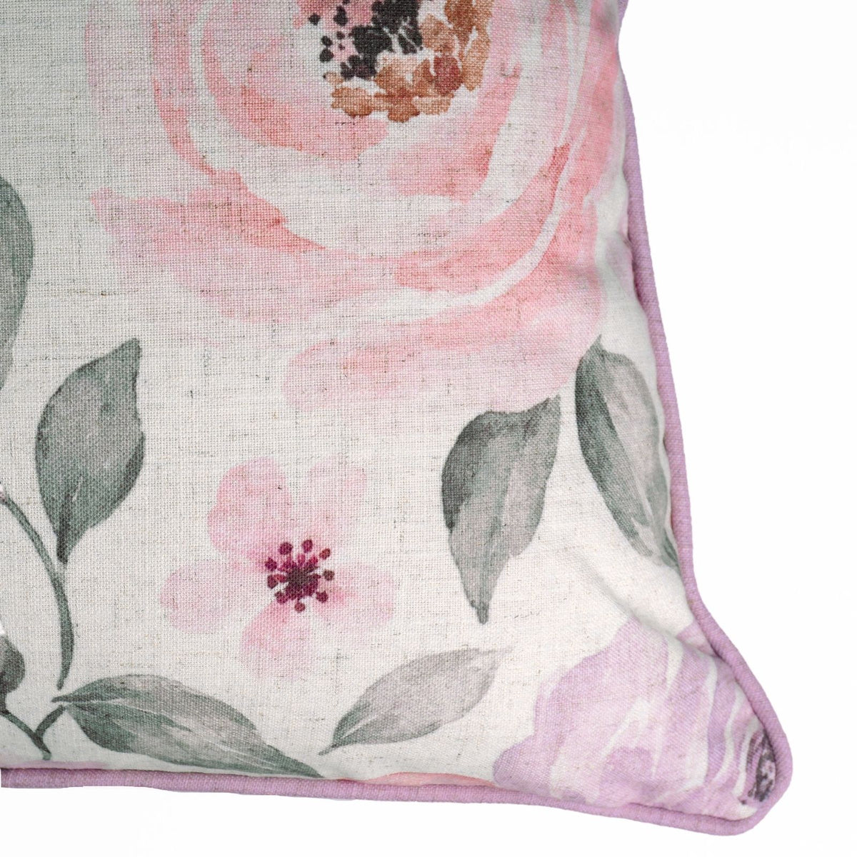Rose Floral Printed Cream Viscose Linen Piping Cushion Cover 