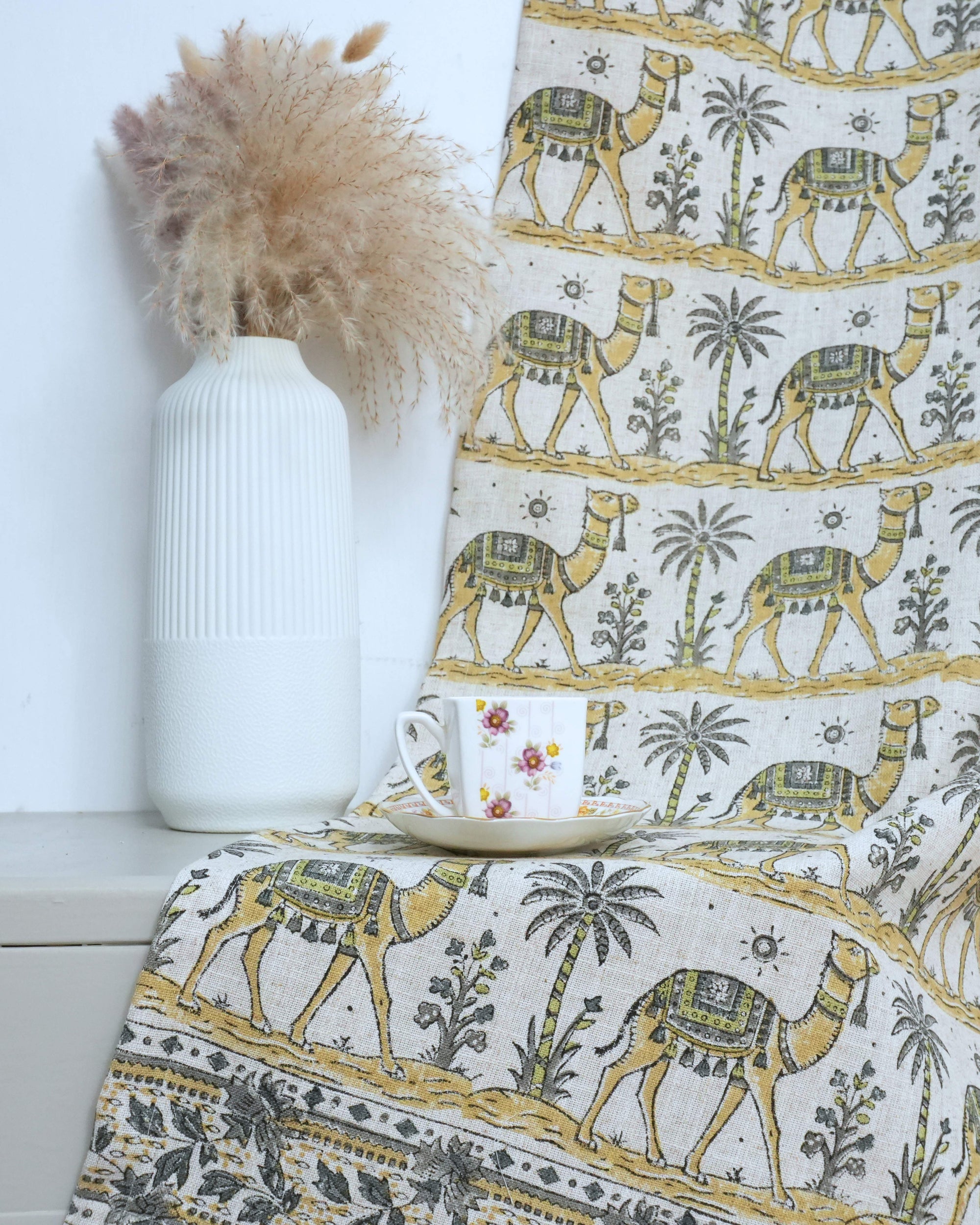 Camel Hand Block Print Tab Top Curtains — Gray &amp; Yellow Viscose Linen