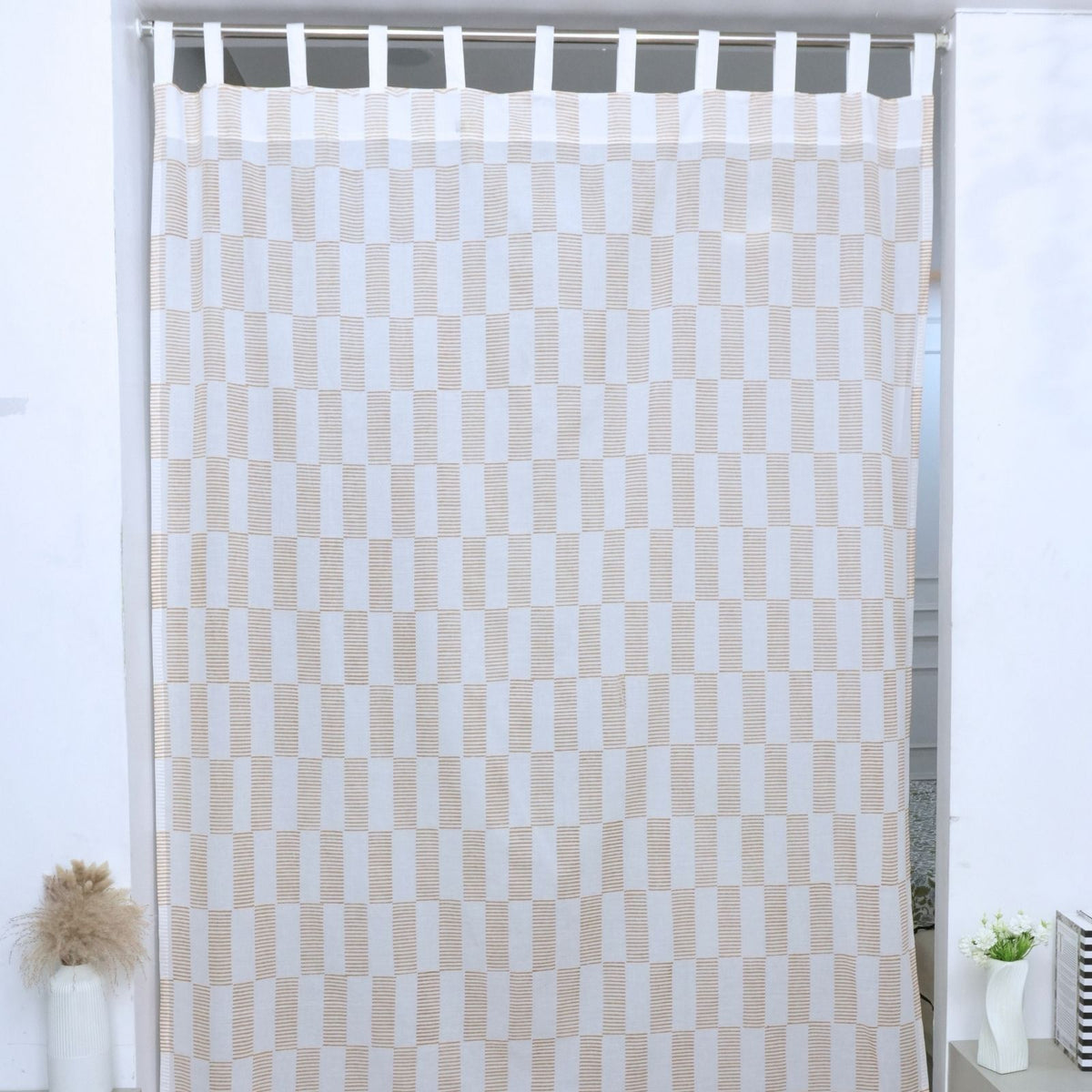 Pure Cotton Hand Block Print Tab Top Curtain - Zig Zag