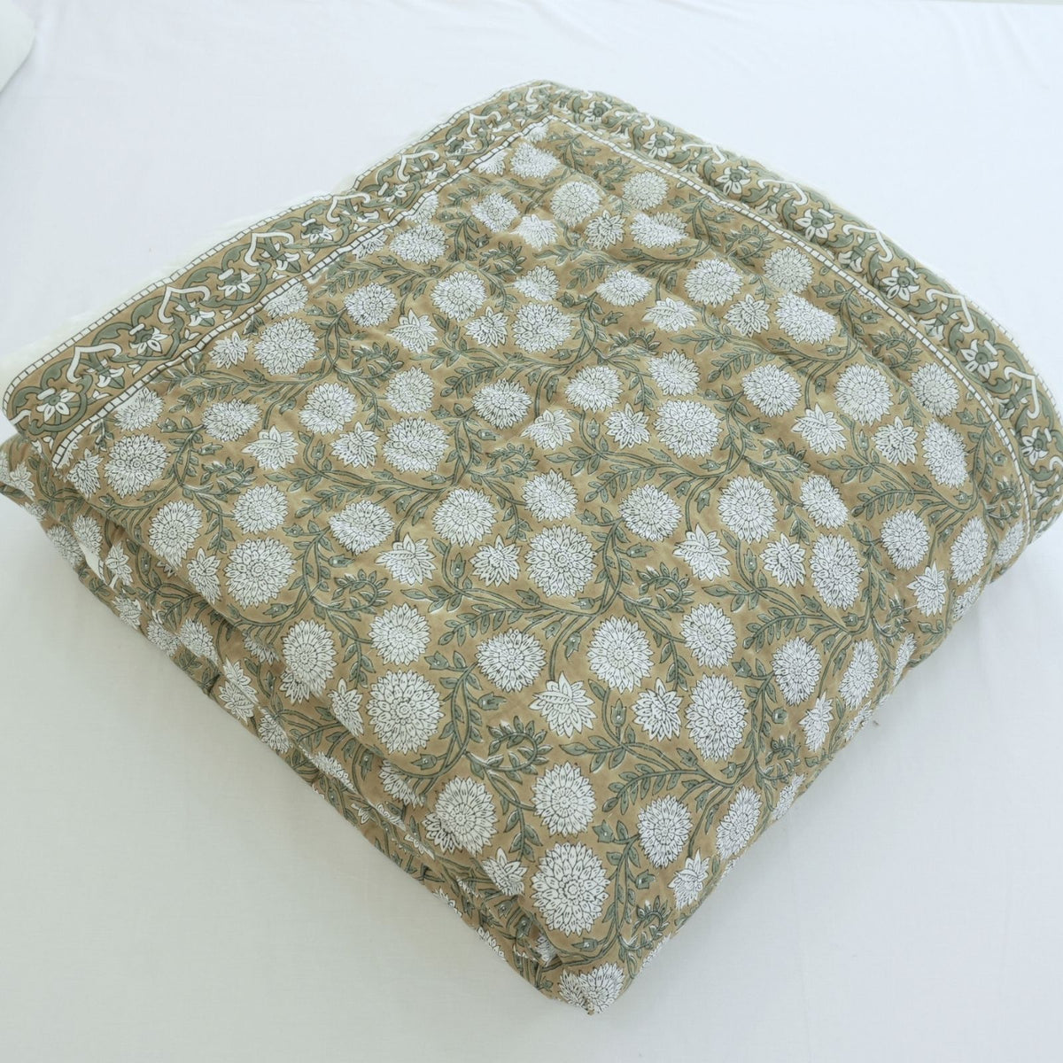 Beige Floral Block Print Cotton Reversible Quilt - Rajat Design