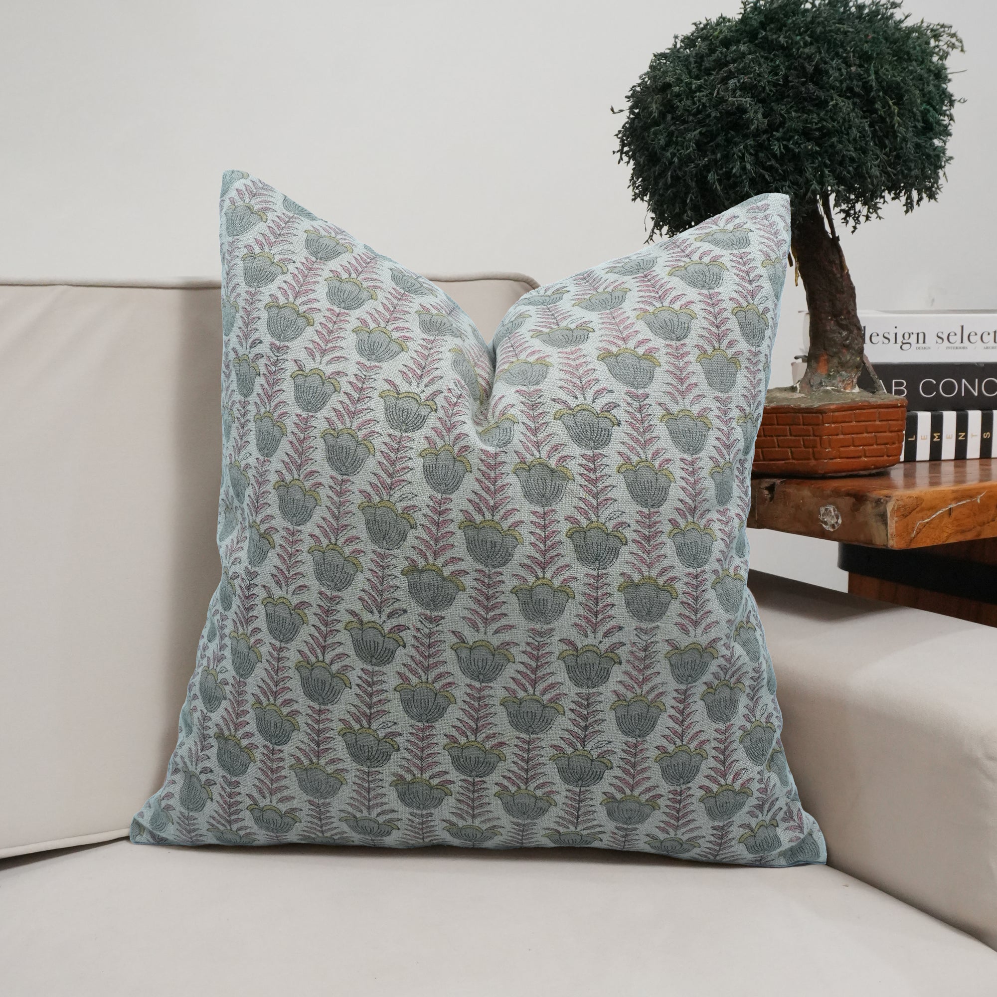 Lotus Handcrafted Thick Linen Cushion Cover Pink and Gray Floral