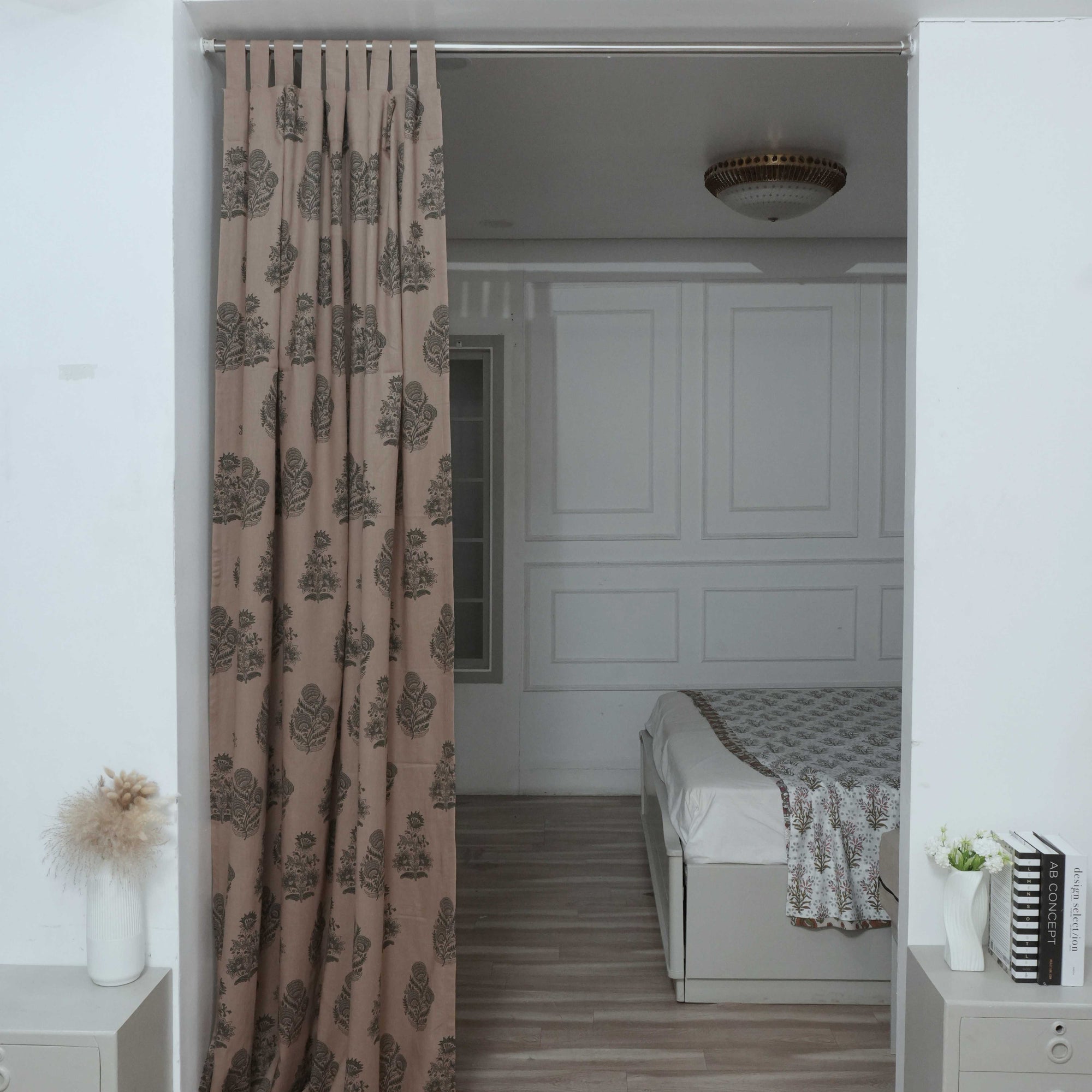 Mohini Gray Floral Hand Block Print Viscose Linen Tab Top Curtains