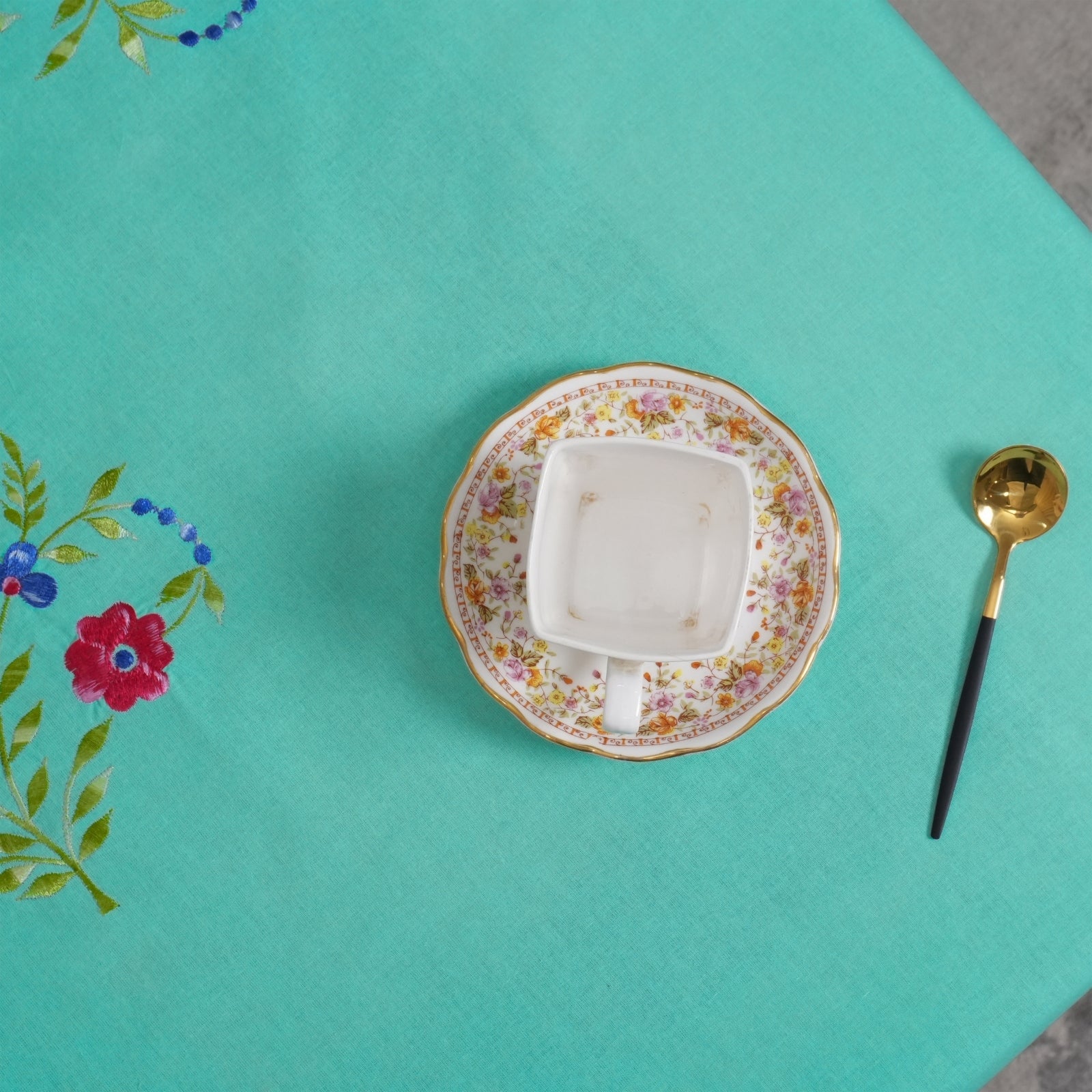 Aqua Green Red Floral Boho Embroidered Cotton Tablecloth | Decor