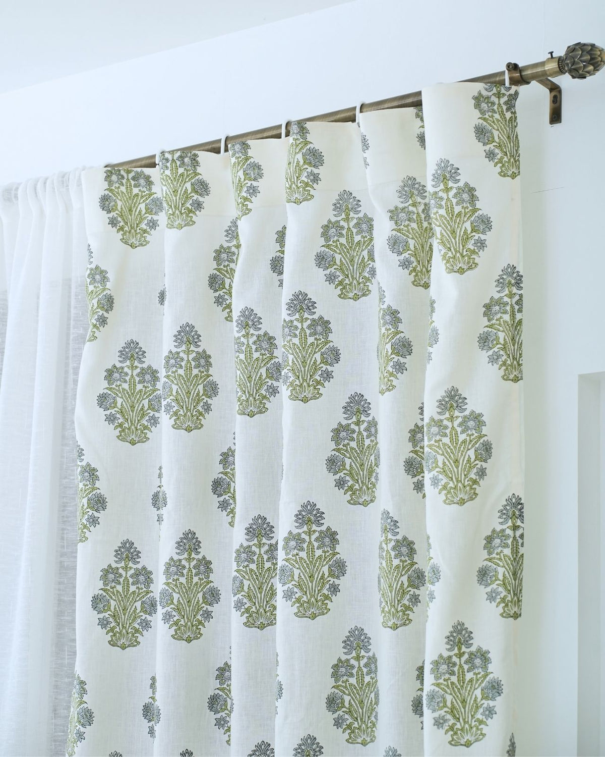 Indian Block Print Ring Curtain in Green &amp; Grey Floral - Morpankh