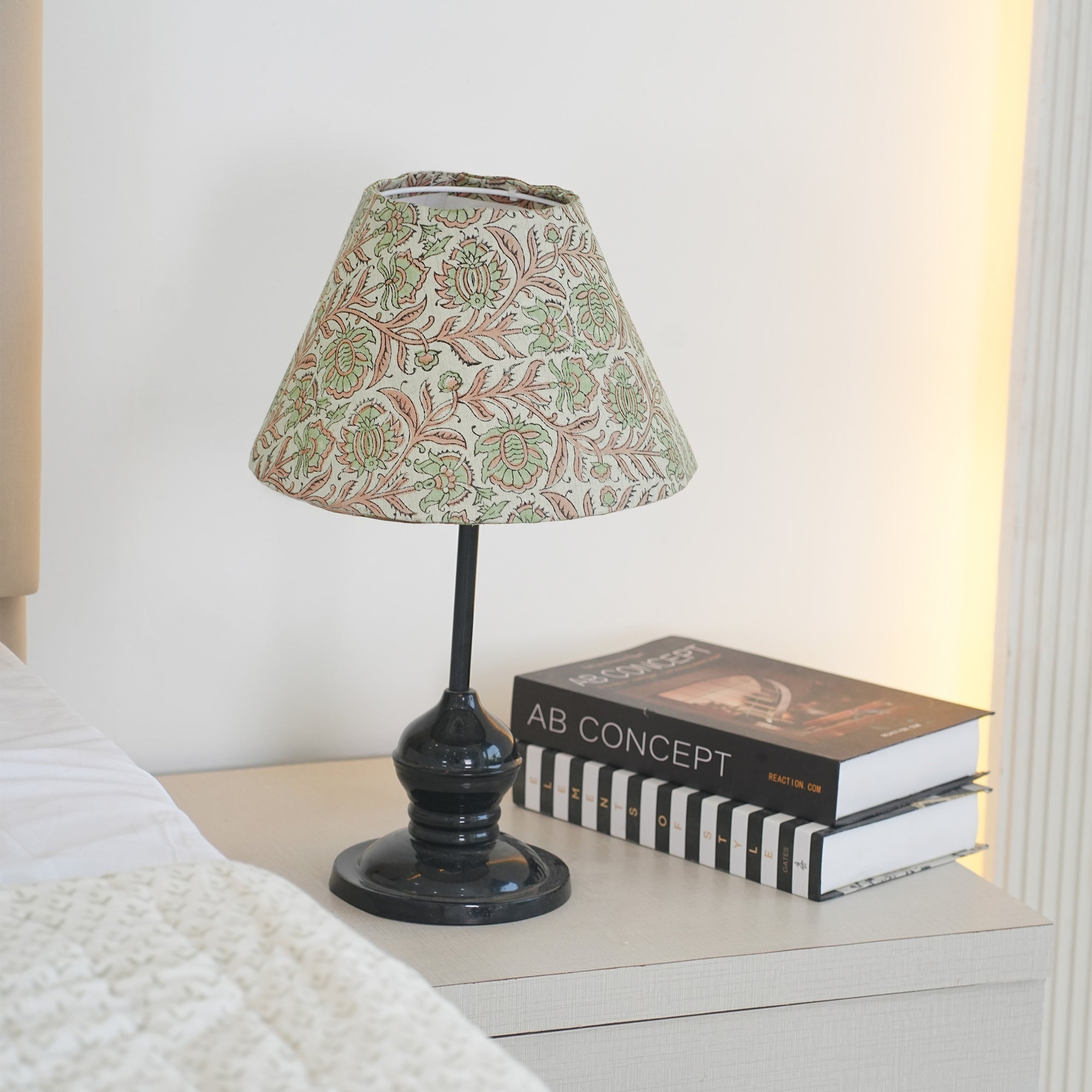 Block Print Sage Green Floral Linen Blend Lampshade - Jaipuri Jaal