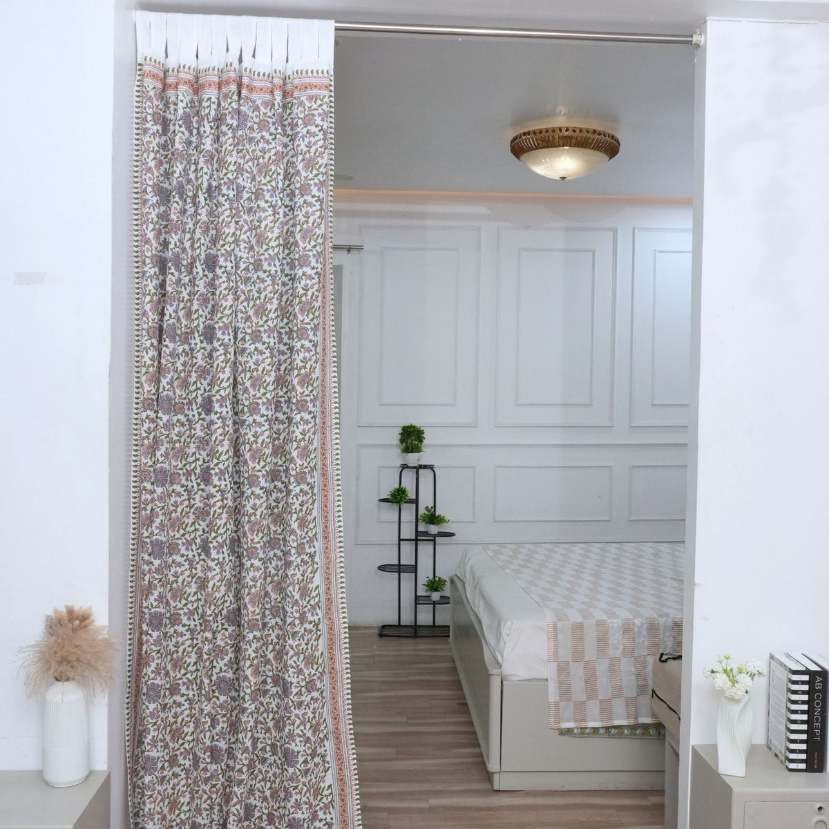 Indian Artisan Block Print Cotton Tab Top Curtain - Pushplata