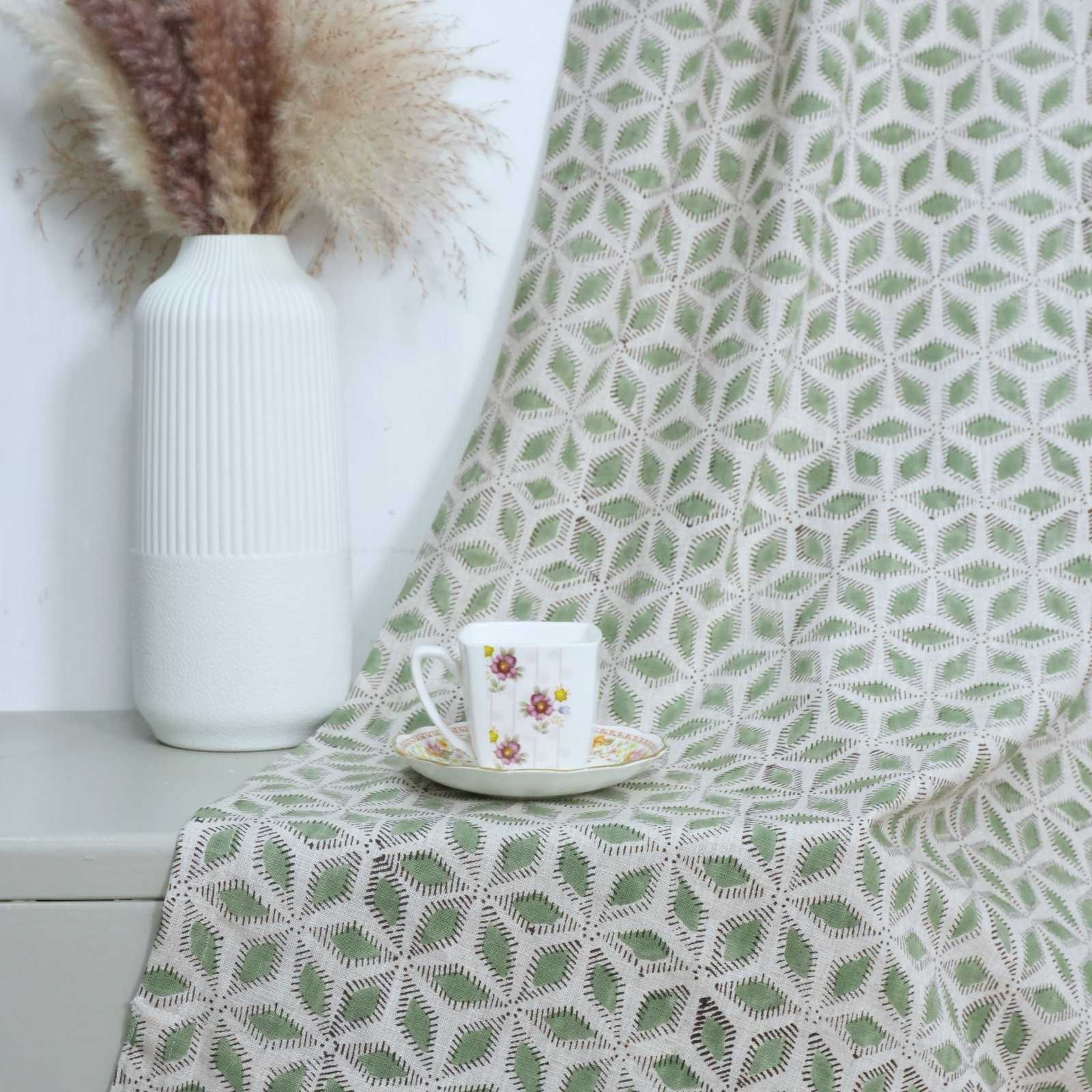 Block Print Tab Top Linen Curtains Shatkon Sage Green