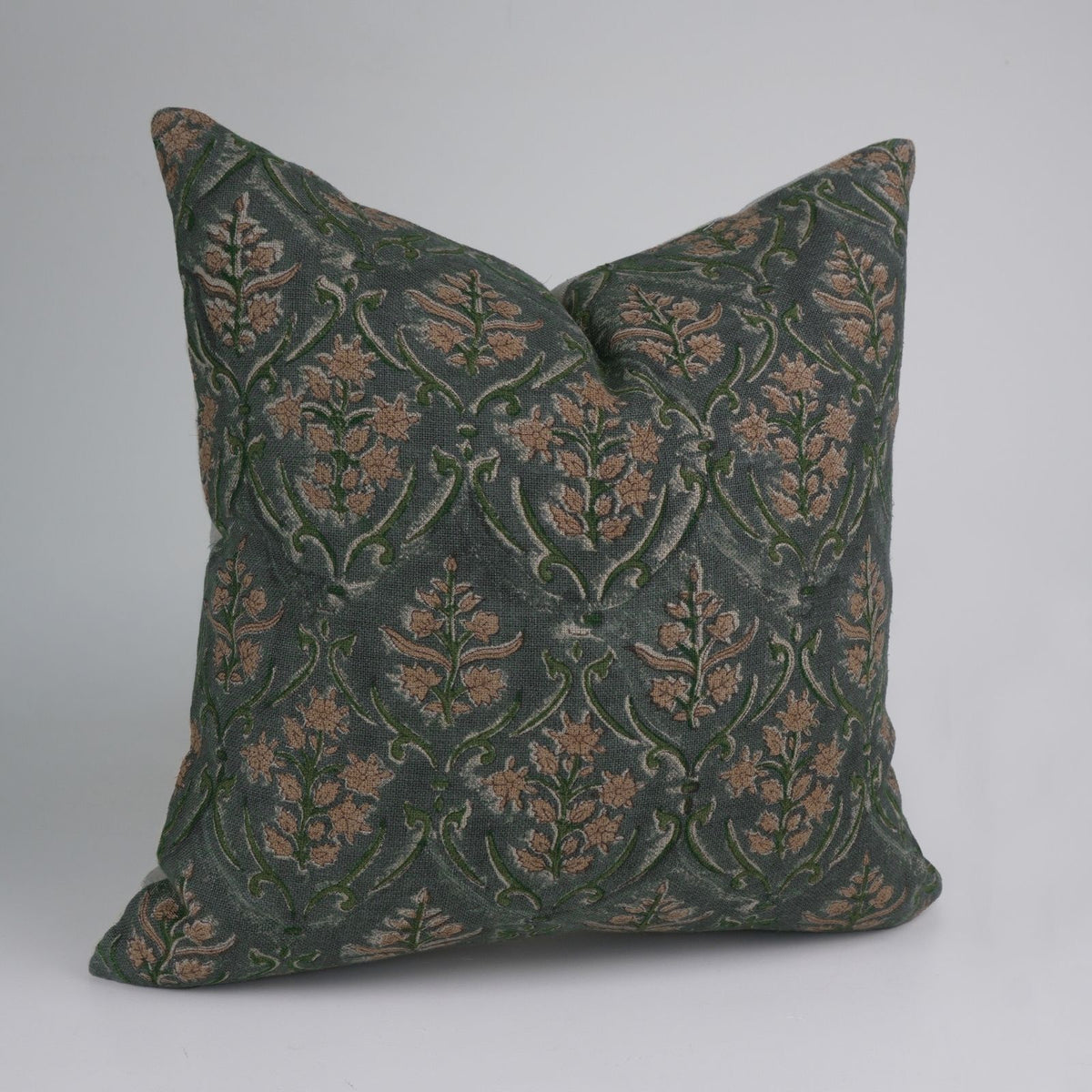 Vishalpushp Tan & Olive Trellis Block Print Cushion Forest Linen