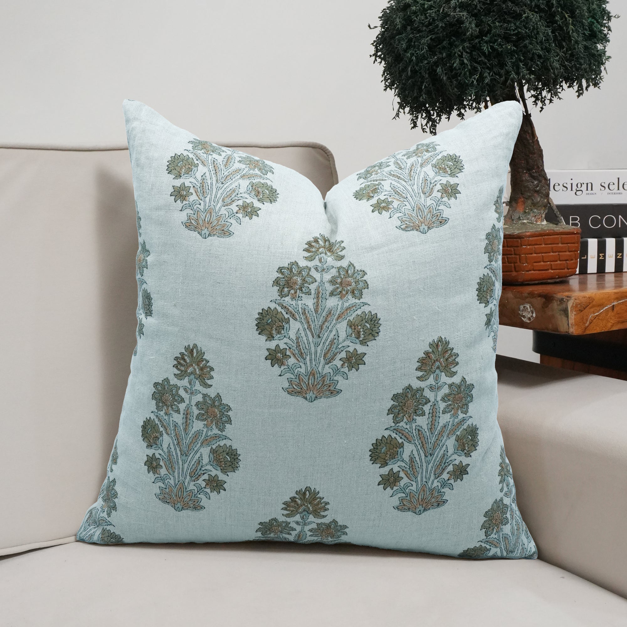 Morpankh Block Print Pure Linen Cushion Cover Green Floral 
