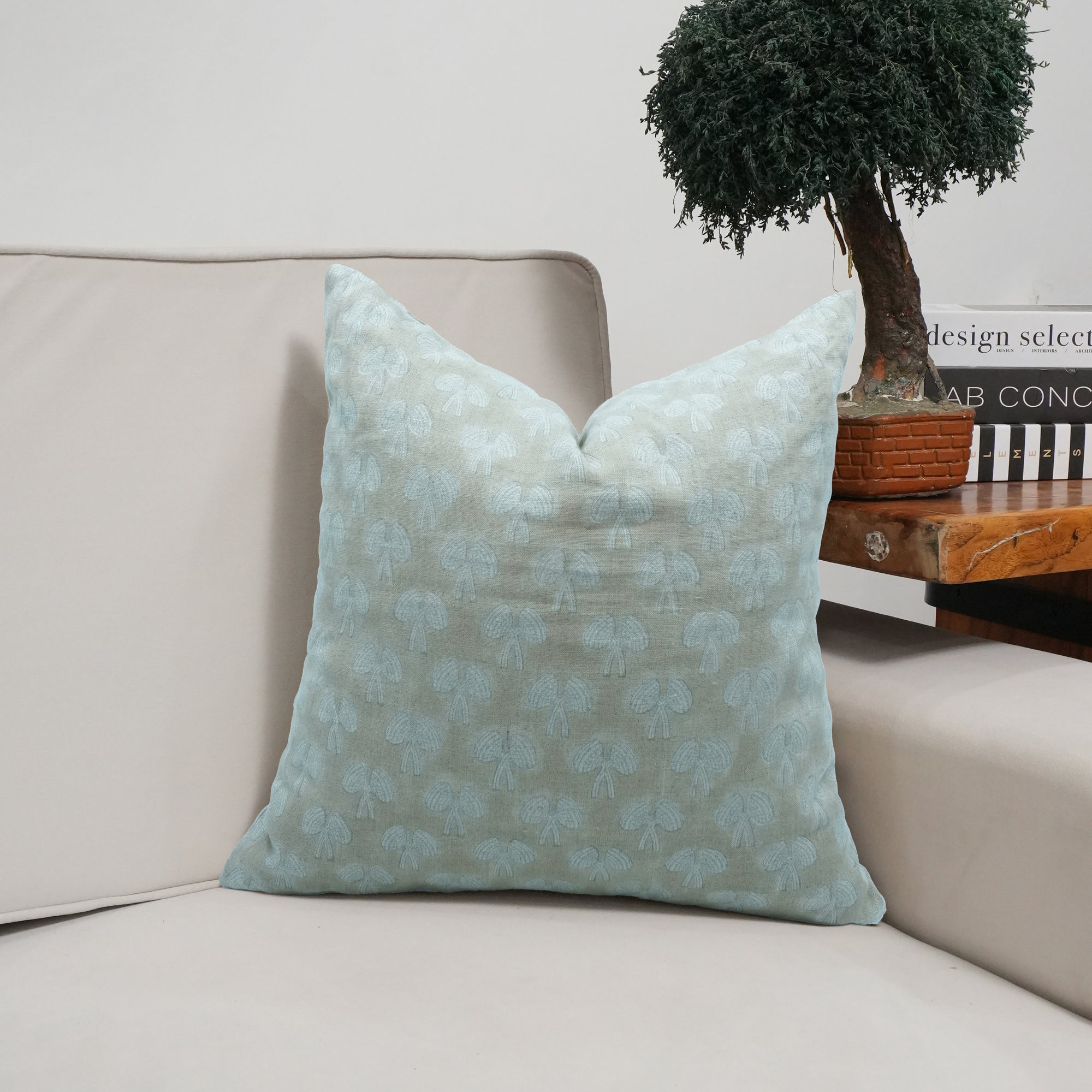 Damru Block Print Light Green Floral Linen Cushion Cover
