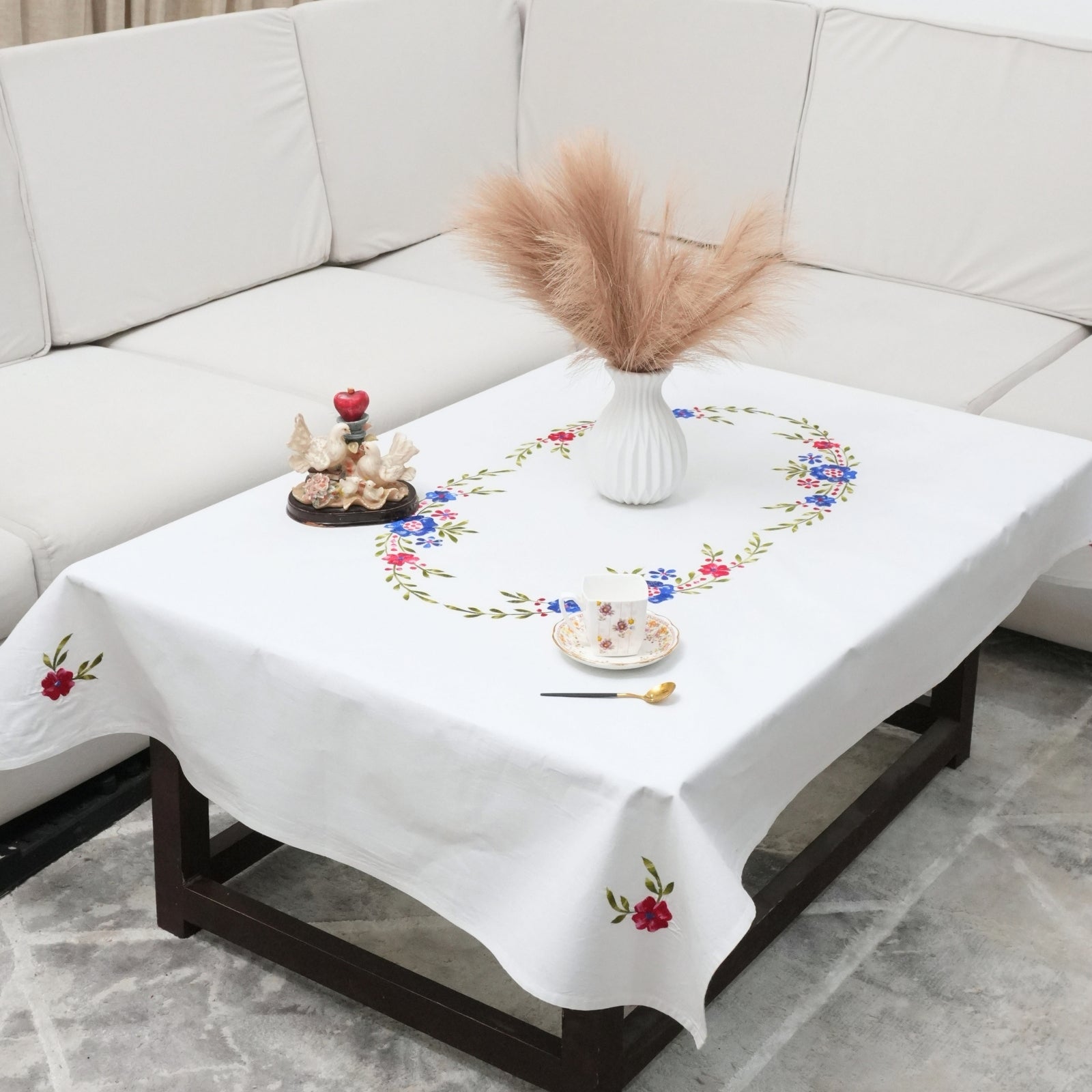 Red Floral Embroidered Cotton Tablecloth | Farmhouse Decor