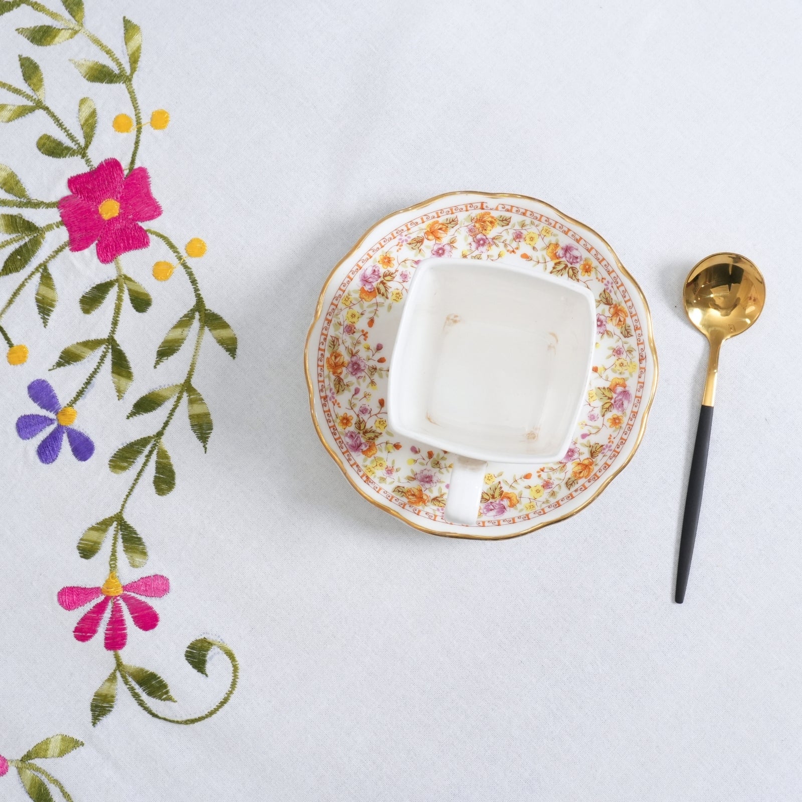 Pink Green Floral Boho Embroidered Pure Cotton Table Cover | Decor