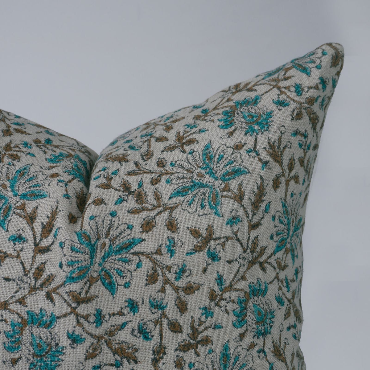 Handmade Neerabel Teal Floral Linen Cushion Cover
