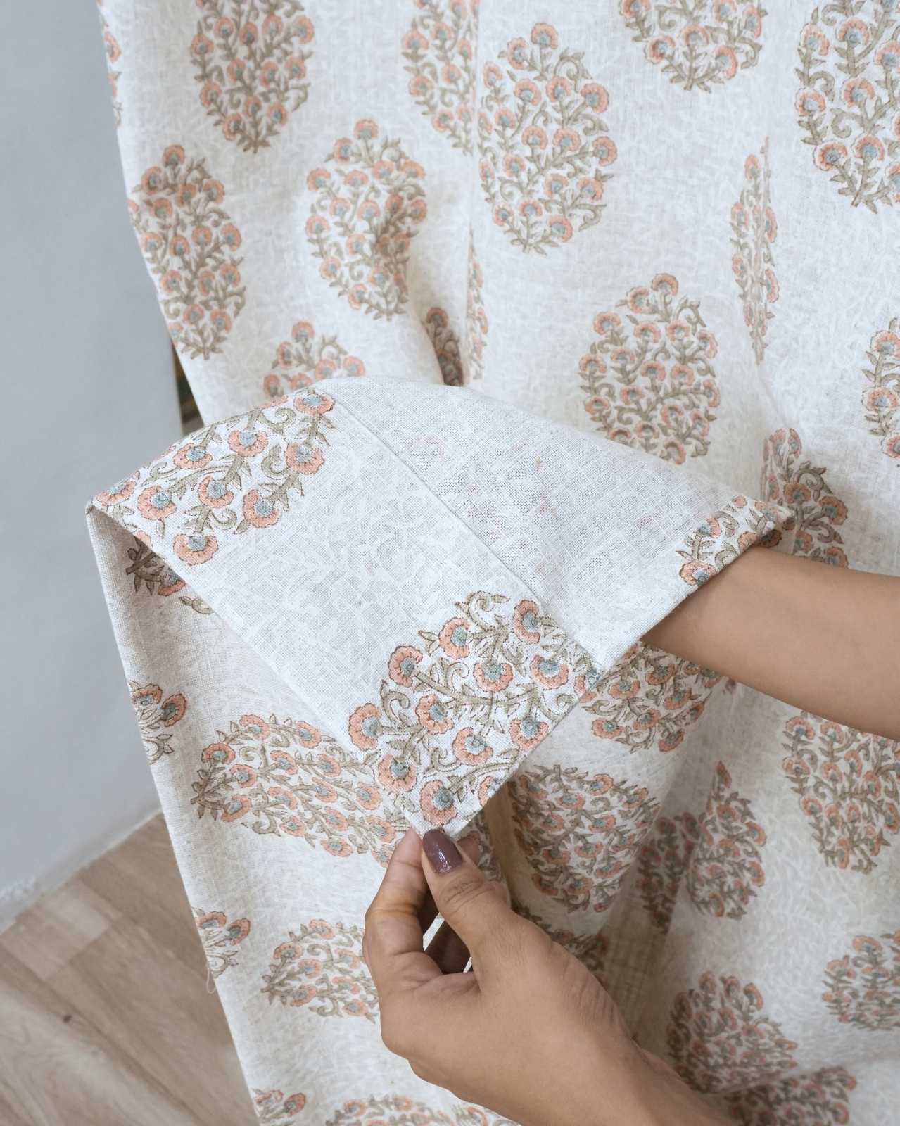 Gudhal Hand Block Print Tab Top Curtains | Pink Linen