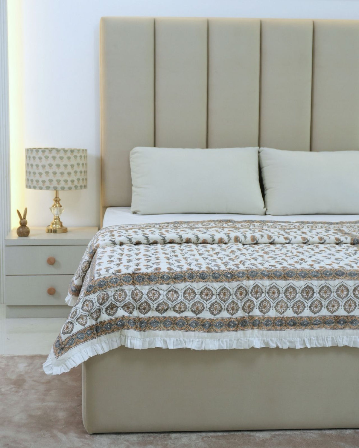 Handcrafted Block Print Gold Daffodil Cotton Reversible Quilt 