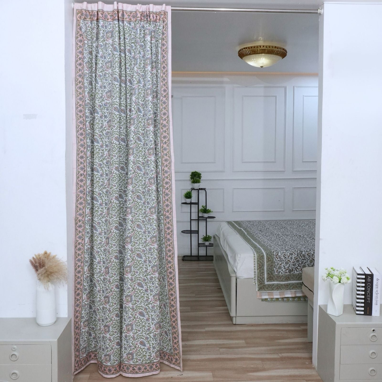 Wooden Block Print Pink Floral Cotton Curtain - Hawamahal