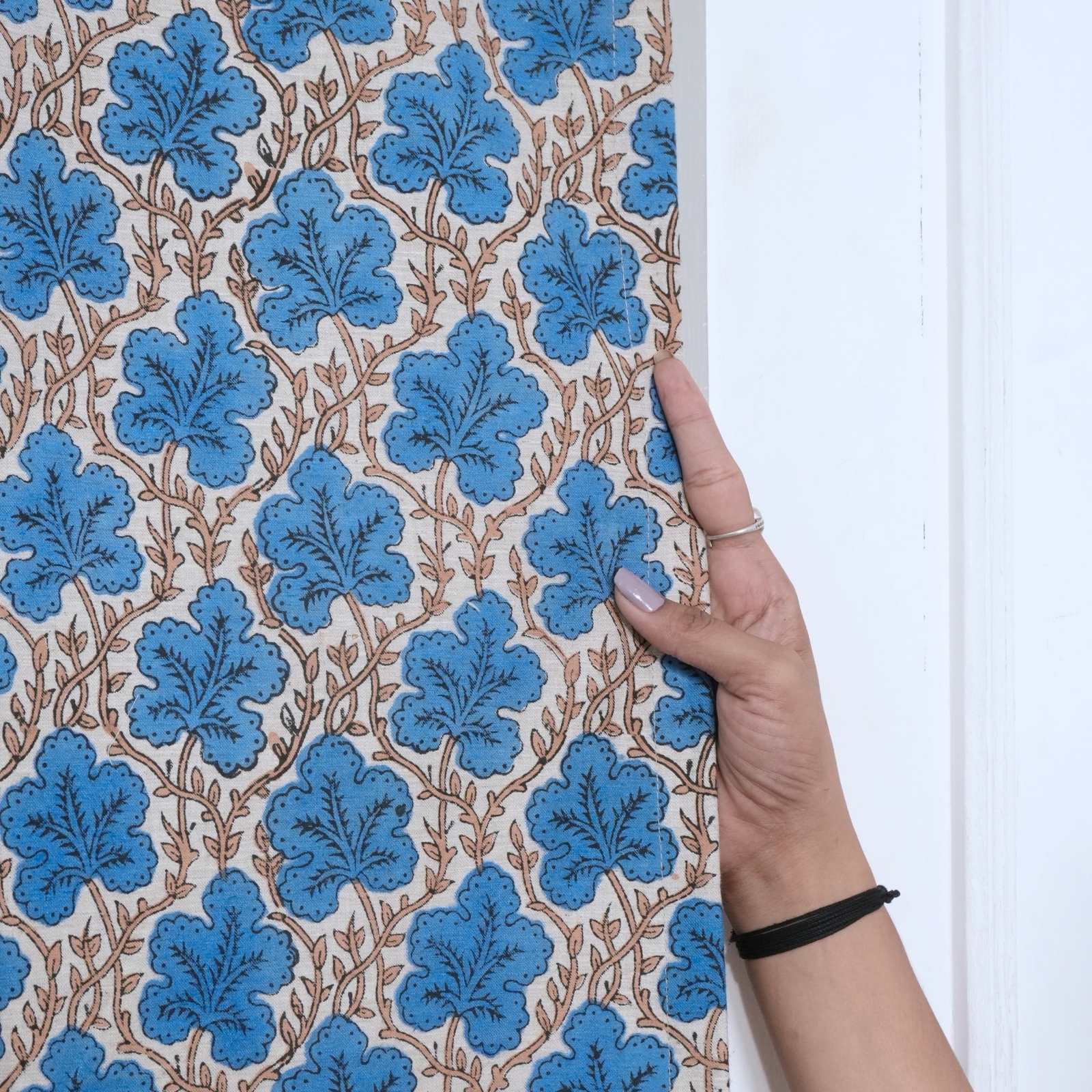 Cornflower Blue Leaf Vine Hand Block Print Linen Tab Top Drapes - Pushpsamhita