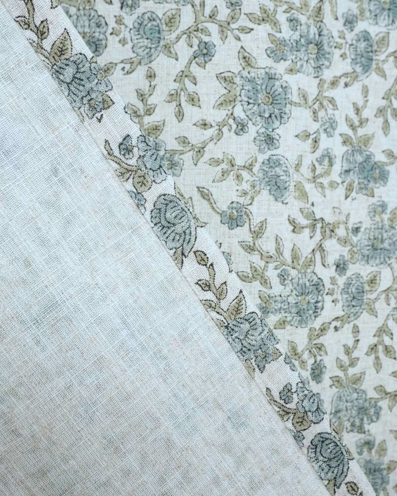 Block Print Gray Floral Heavy Viscose Linen Drapes Curtains - Suman