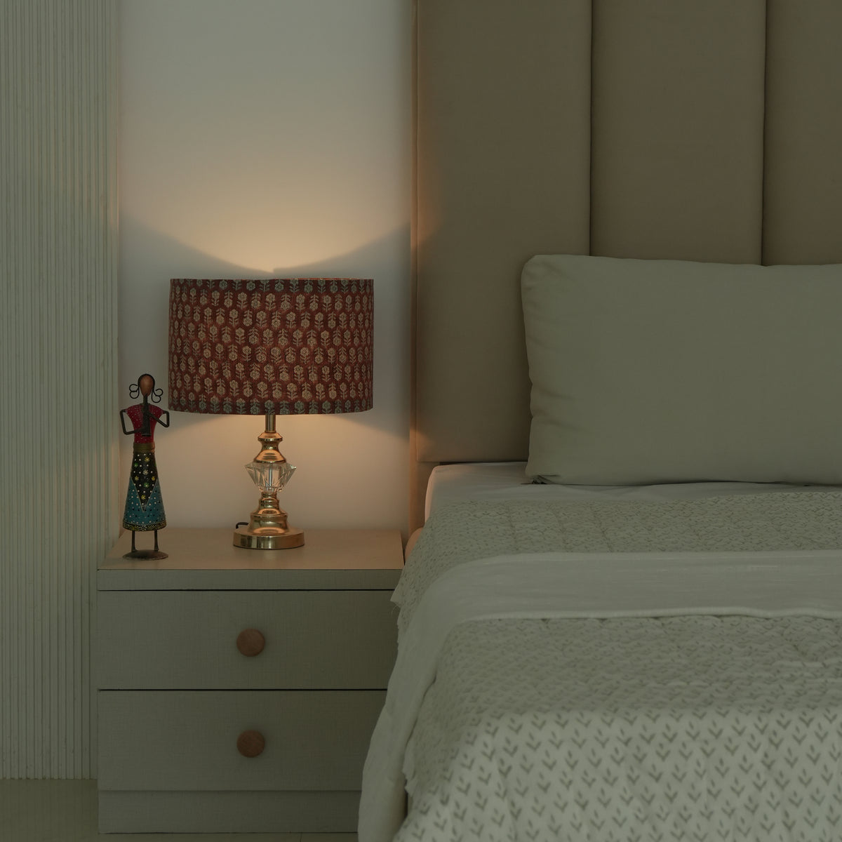 Block Print Drum Lampshade on Heavy Linen - Rust Tulsi Buti