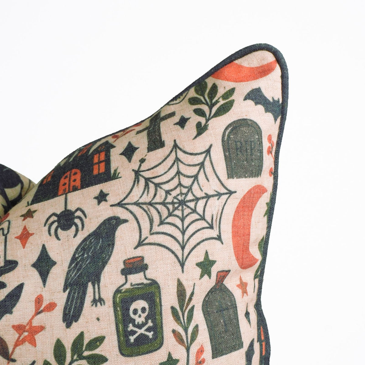 Halloween Printed Beige Linen Piping Pillow Cover - BooMix