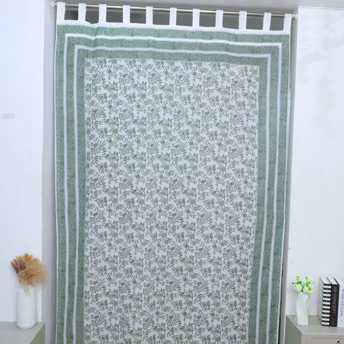 Block Print Arpan Sage Green Floral Cotton Curtain