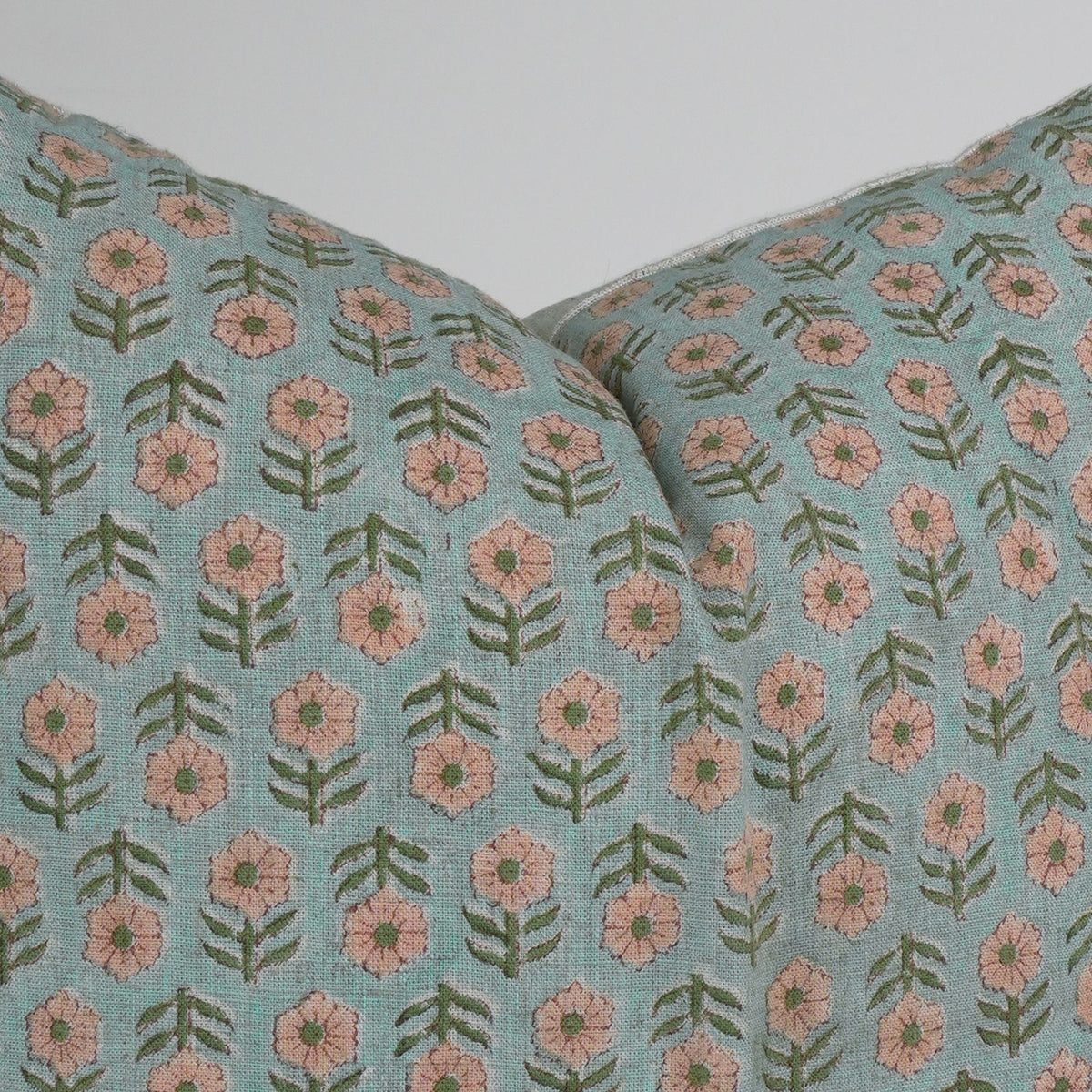 Tulsi Buti Block Print Sage Green Floral Linen Cushion Cover