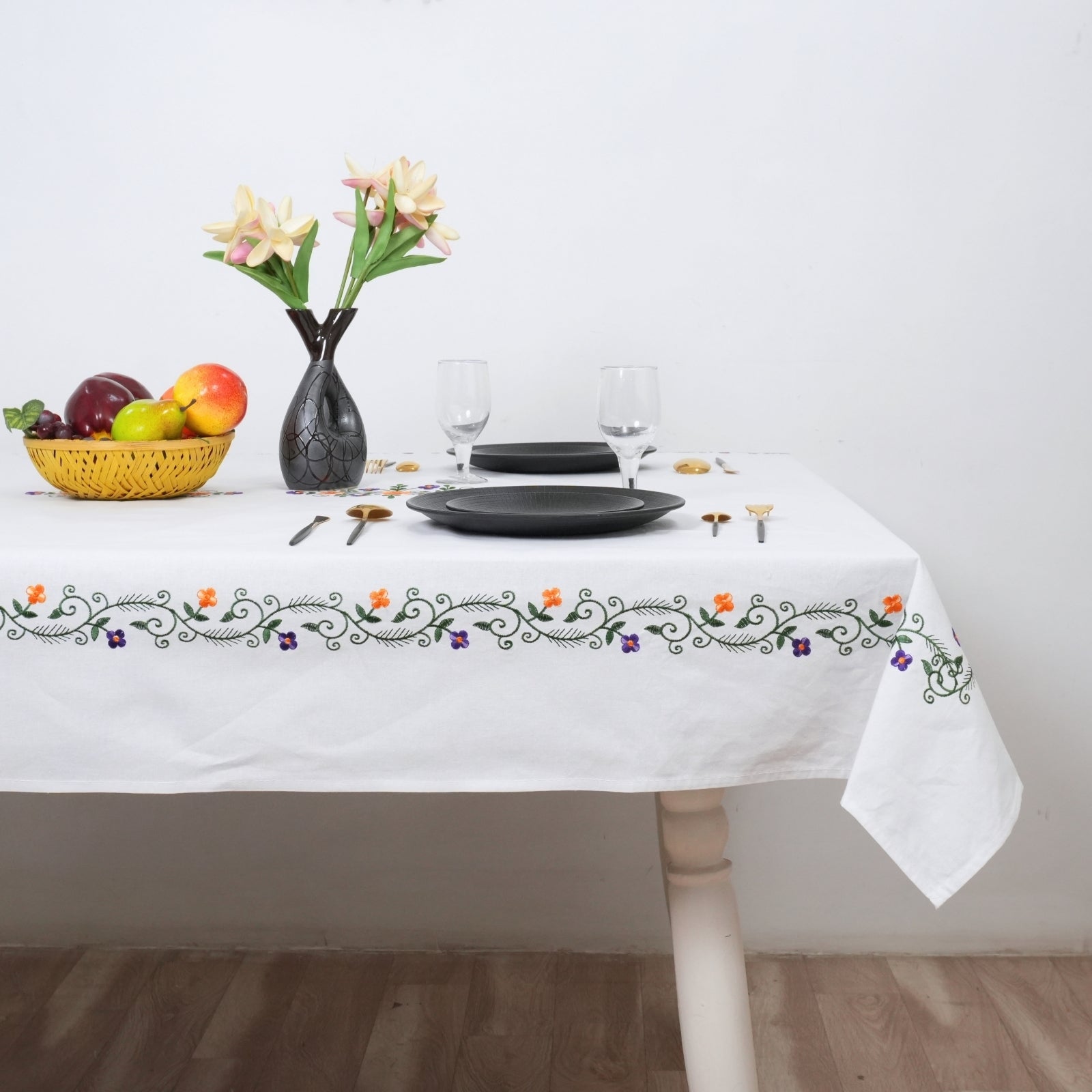Hand Embroidered Orange and Blue Floral Cotton Tablecloth
