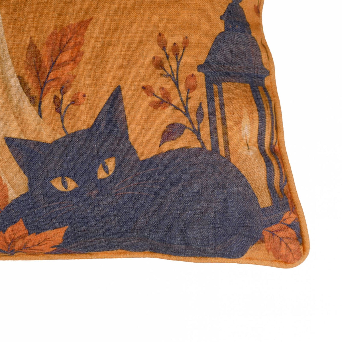 Haunted Cat Printed Orange Linen Piping Lumbar Pillow Cover