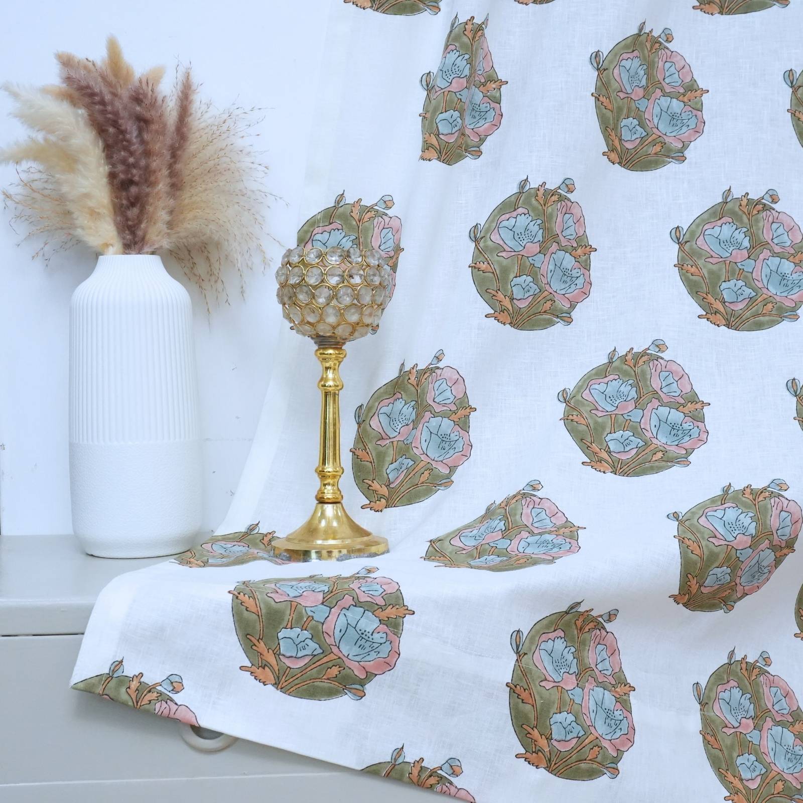 Indain Pink Floral Block Print Viscose Colored Linen Curtains - Sandhya Pushap
