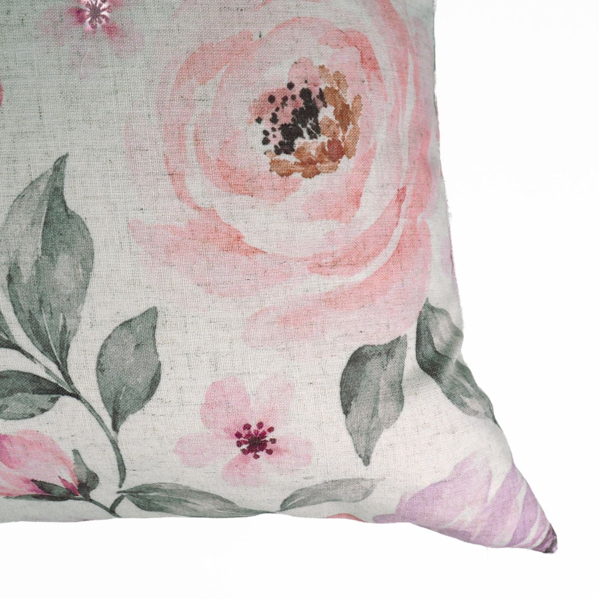 Pink Rose Floral Printed Natural Cream Linen Pillow Cover
