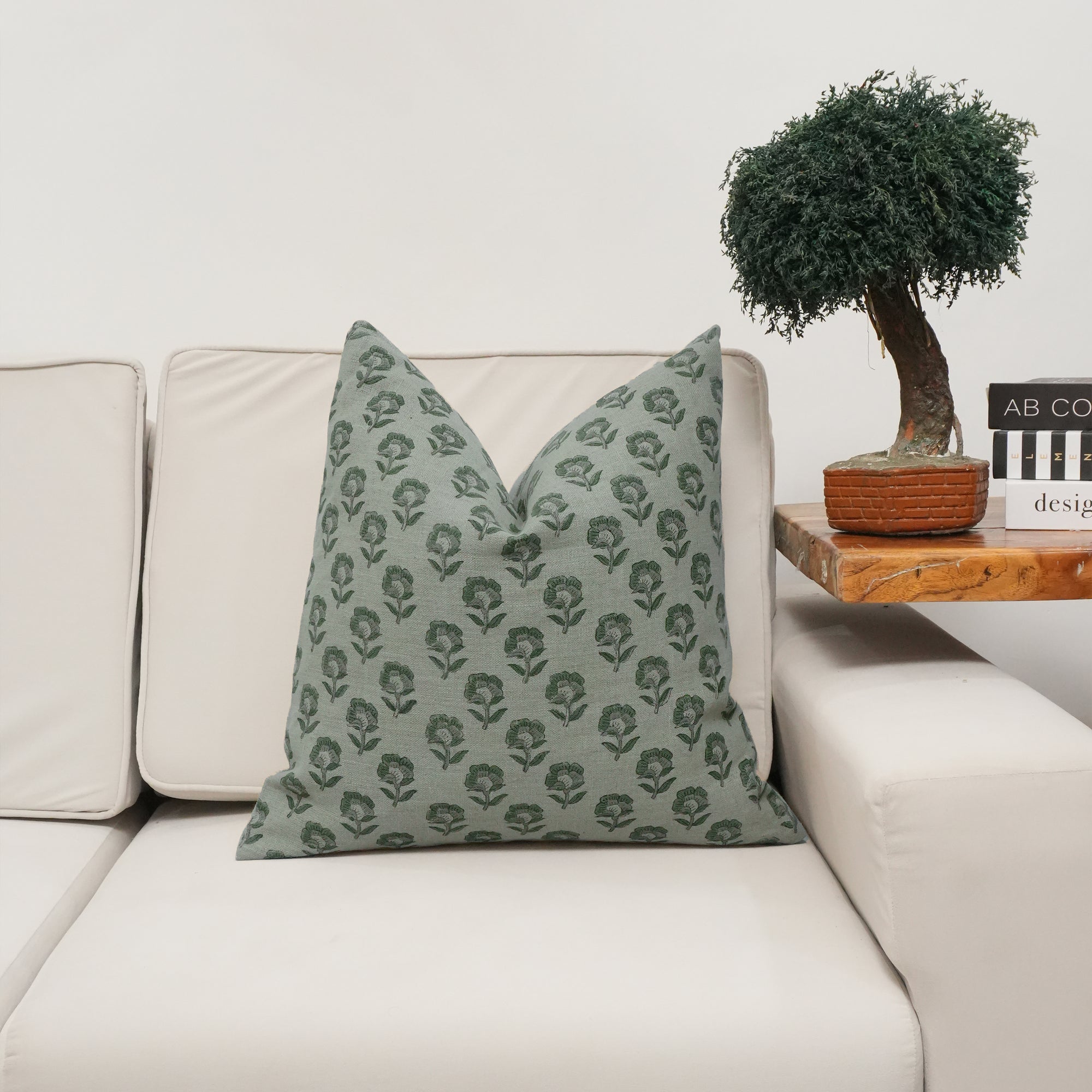 Rohini Gray Floral Block Print Thick Linen Pillow Cover 