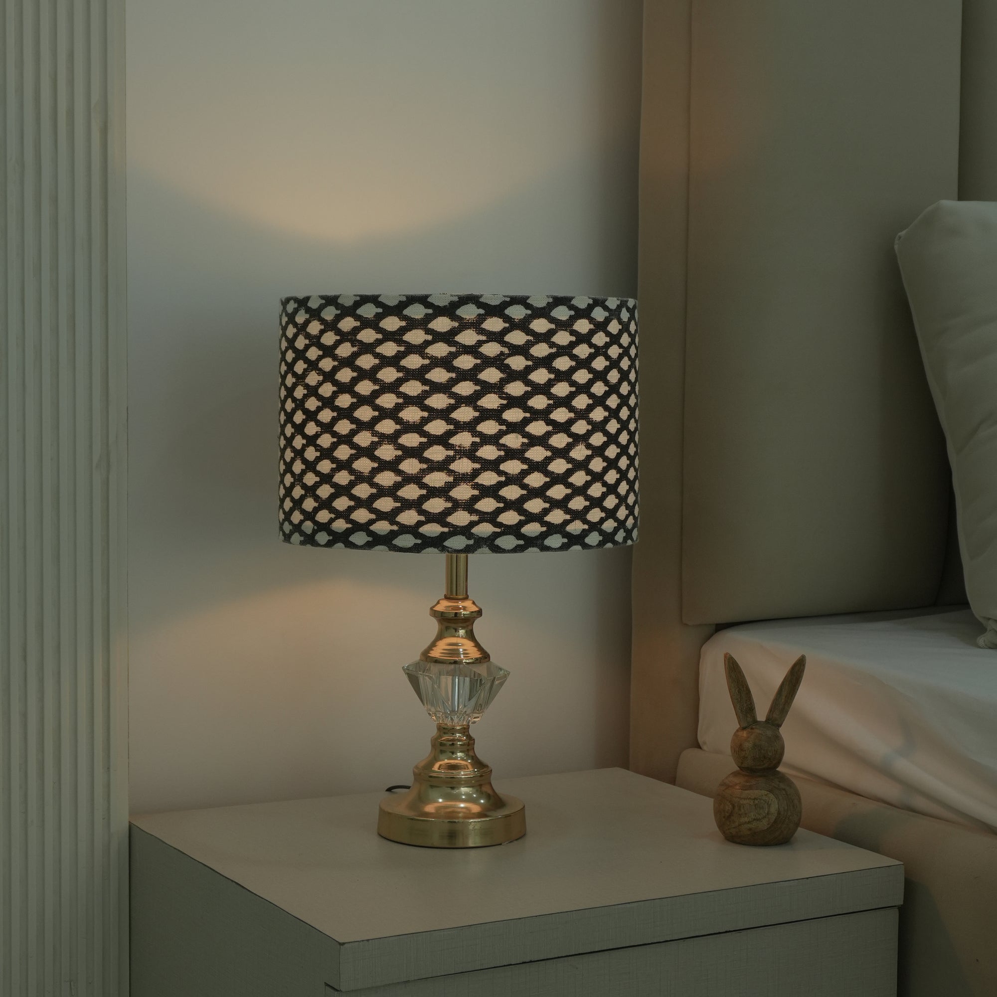 Indian Off-White Linen Black Dot Drum Lampshade - Khushbu