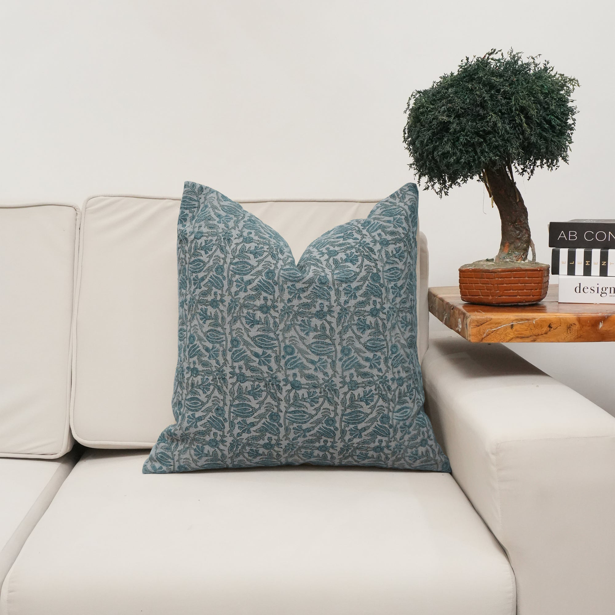 Blue Floral Manjushah Block Print Thick Linen Cushion Cover