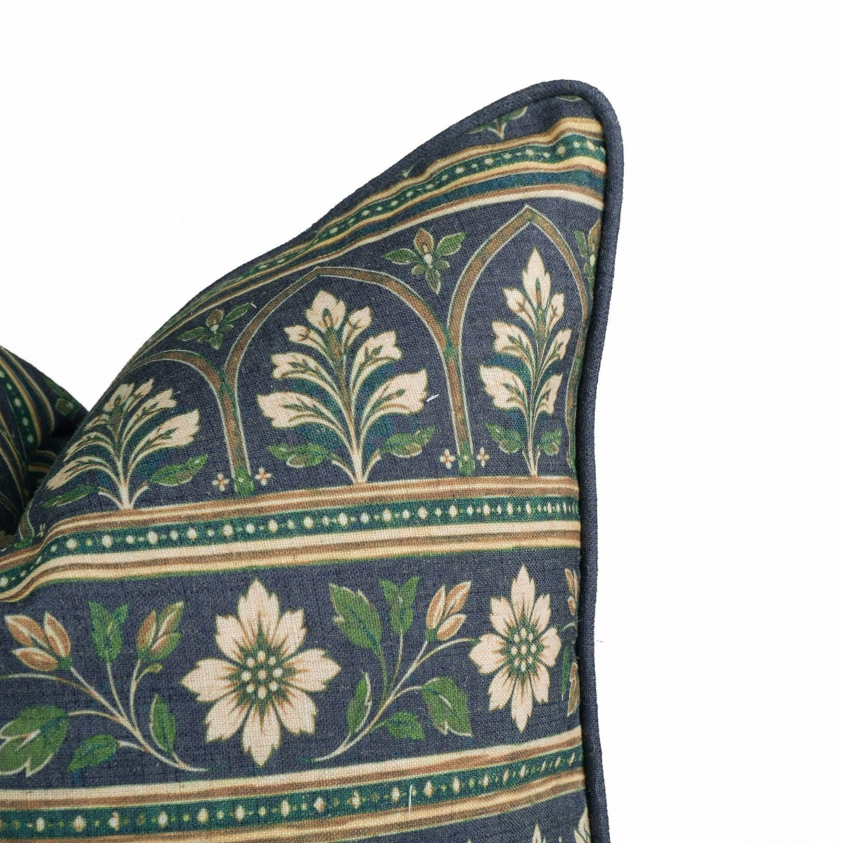 Floral Printed Piping Deep Navy Viscose Linen Cushion Cover