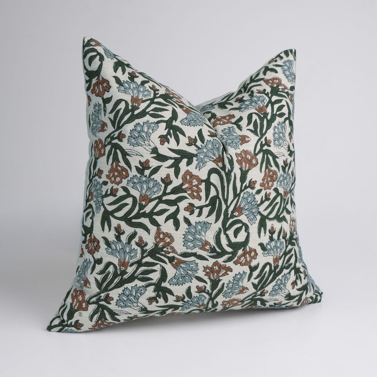 Block Print Thorny Stems Dusty Blue Linen Blend Cushion Cover