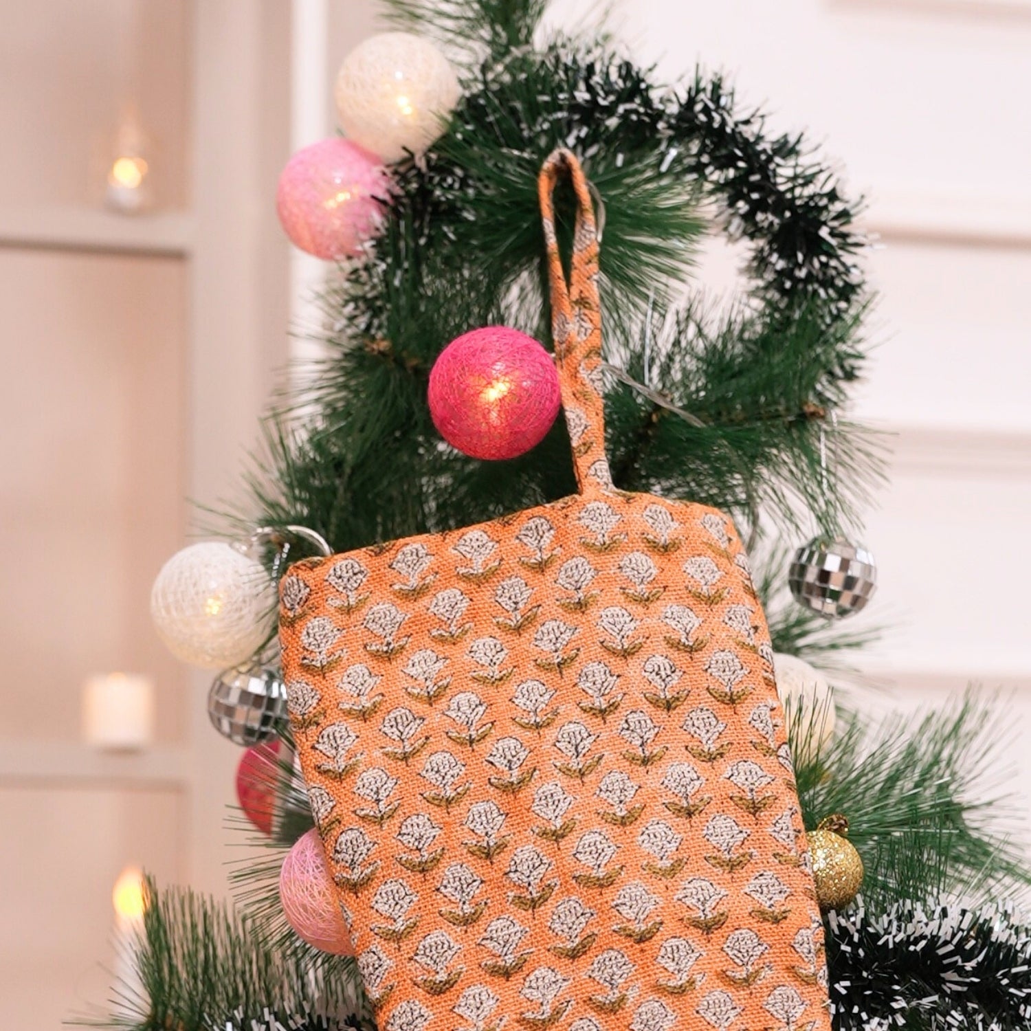 Handmade Orange & Black Mini Floral Block Printed Tarangini Christmas Stockings on Thick Linen with Pompom Elegant Festive Holiday Decor