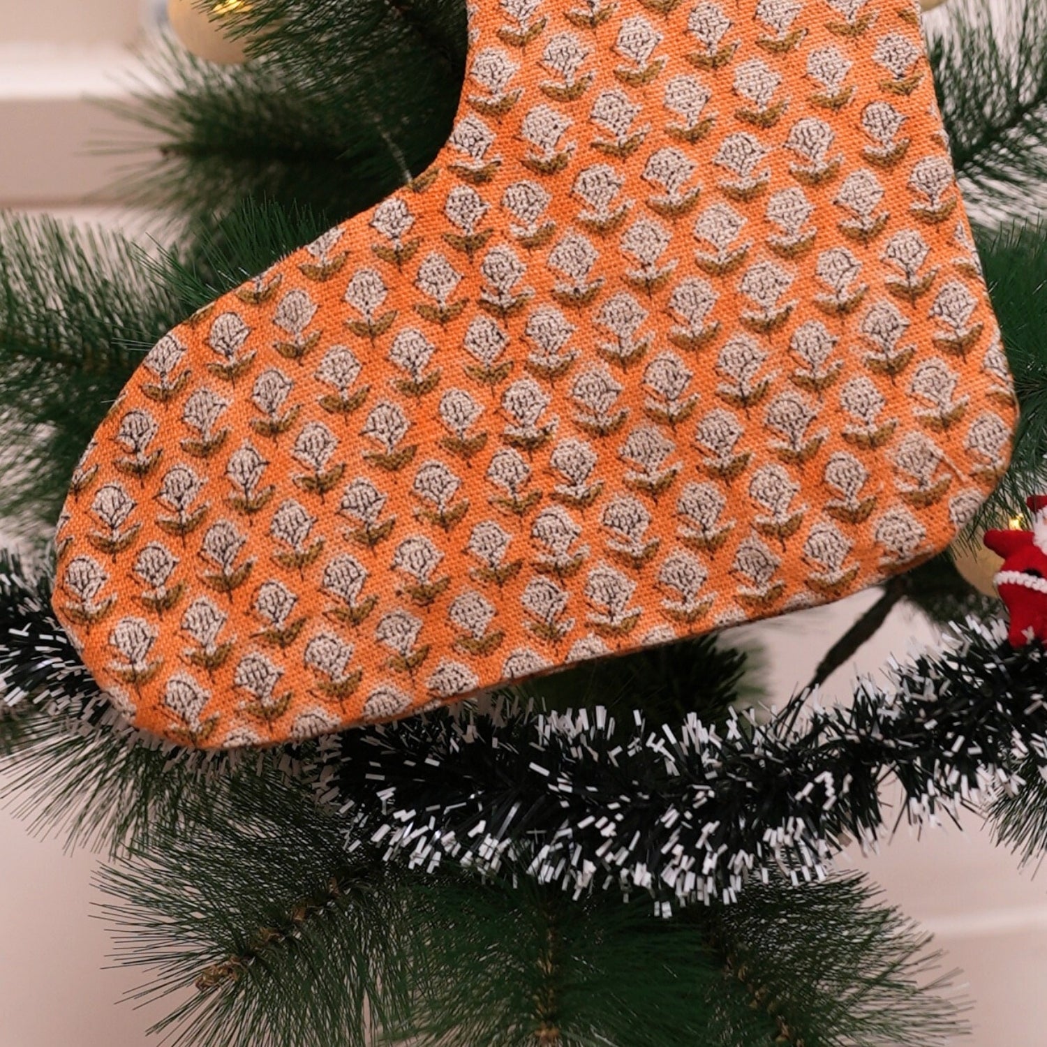 Handmade Orange & Black Mini Floral Block Printed Tarangini Christmas Stockings on Thick Linen with Pompom Elegant Festive Holiday Decor