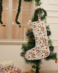 Brown Indian Block Printed Mandakani Christmas Stockings Handcrafted on Thick White Cotton with Pom Pom Detailing Perfect for Stair Railing