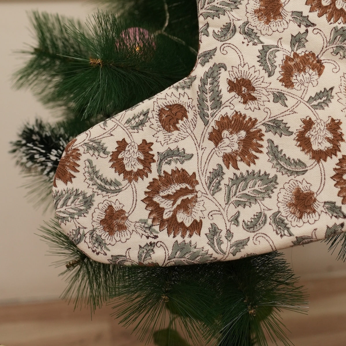 Brown Indian Block Printed Mandakani Christmas Stockings Handcrafted on Thick White Cotton with Pom Pom Detailing Perfect for Stair Railing