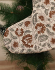Brown Indian Block Printed Mandakani Christmas Stockings Handcrafted on Thick White Cotton with Pom Pom Detailing Perfect for Stair Railing