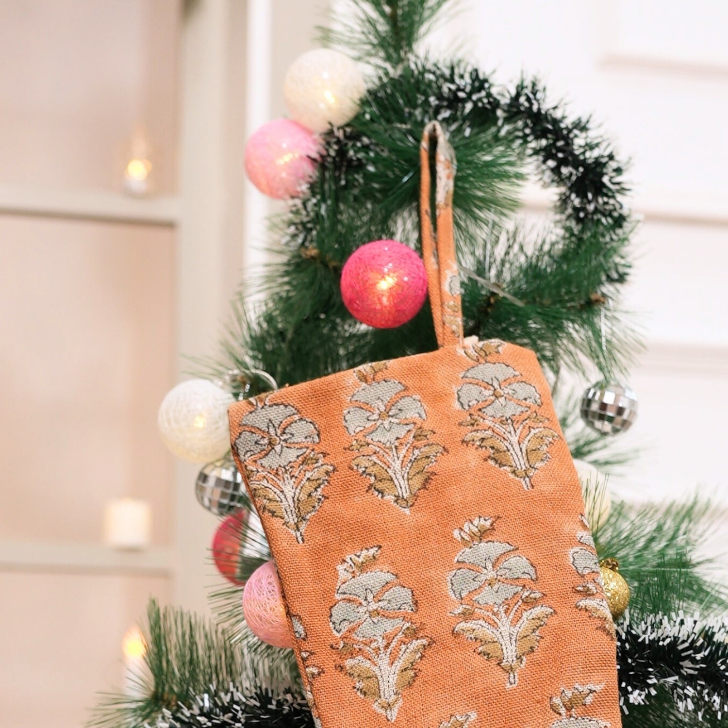 Handcrafted Block Printed Mormukut Thick Linen Christmas Stockings Bronze & Blue Floral with Pompom for Festive Décor 