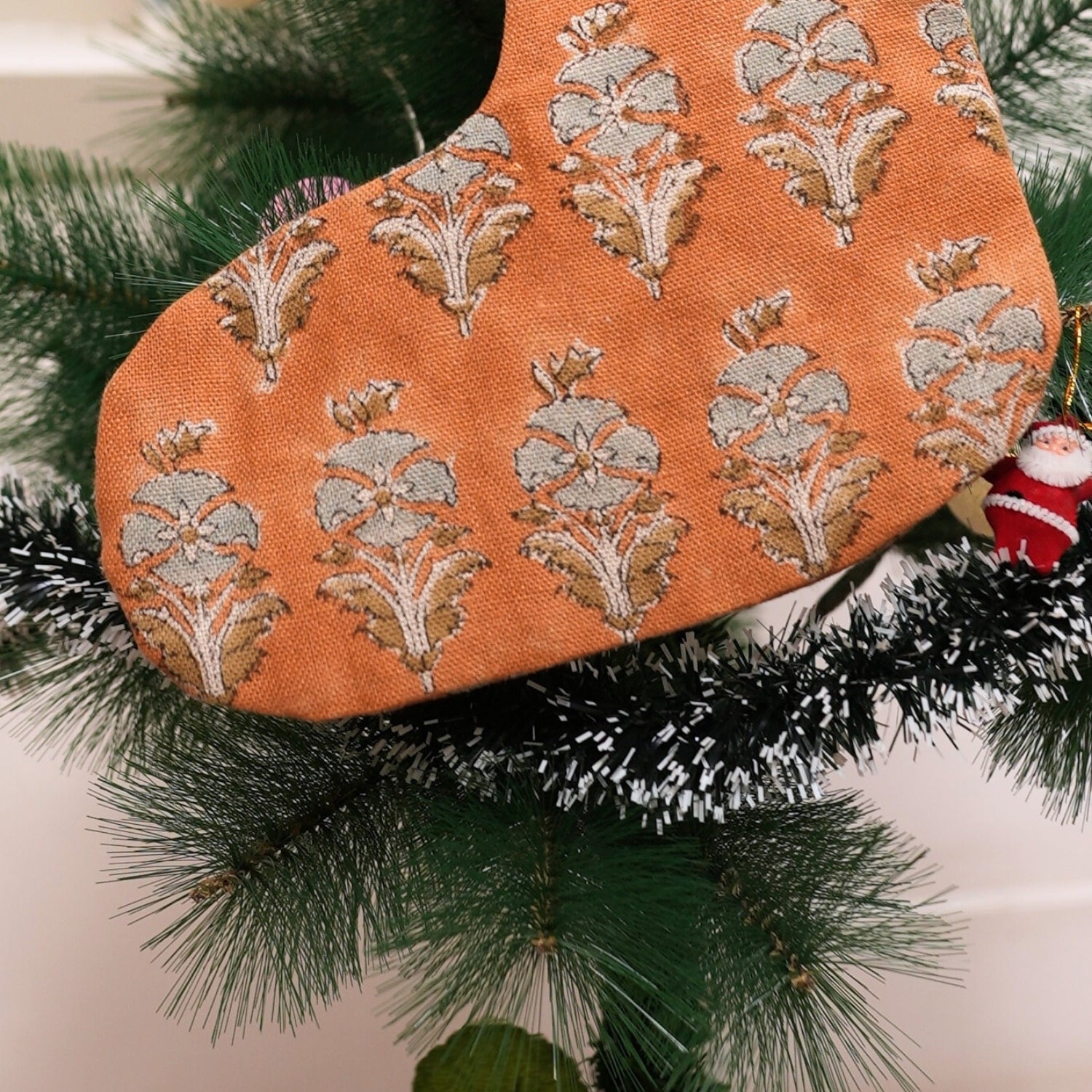 Handcrafted Block Printed Mormukut Thick Linen Christmas Stockings Bronze & Blue Floral with Pompom for Festive Décor 