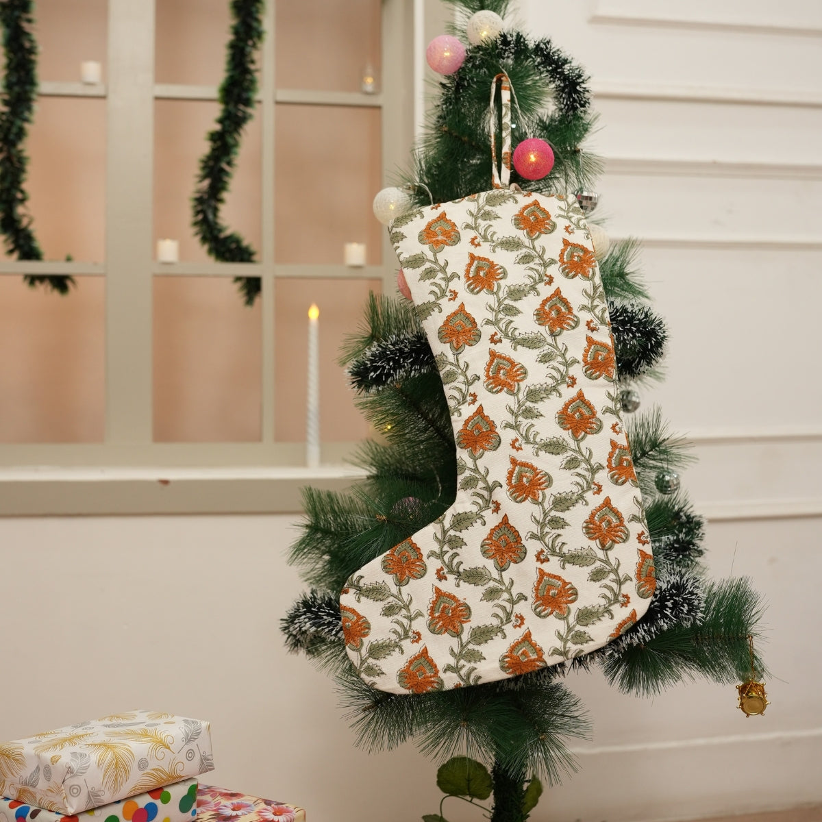Hand-Stamped Madhubala on Thick White Cotton Sage Green Floral Christmas Stockings with Pom Pom Detailing Perfect for Kids’ Playroom Holiday Décor